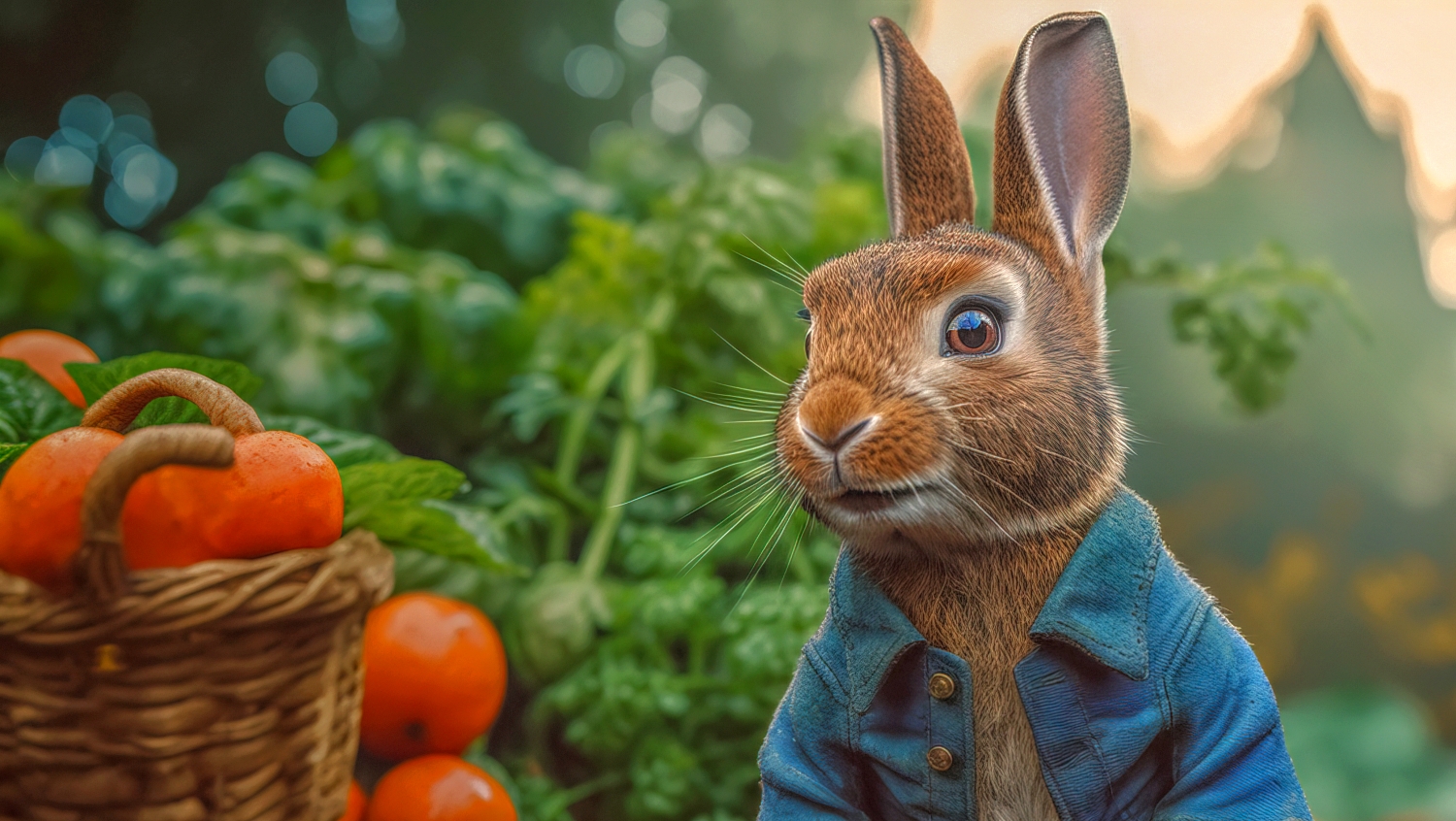 Fabulous cute Easter bunny rabbit in a farmer field wearing a je