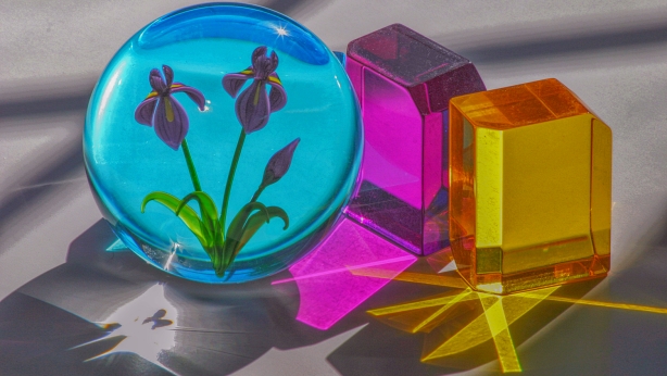 colorful glass cubes and paperweight