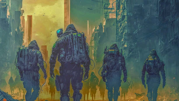 After the nuclear war, a group of troops strolls across the city. Generative AI