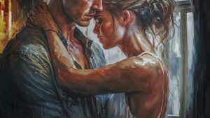 An AI oil painting of a young couple, man and woman, hugging and